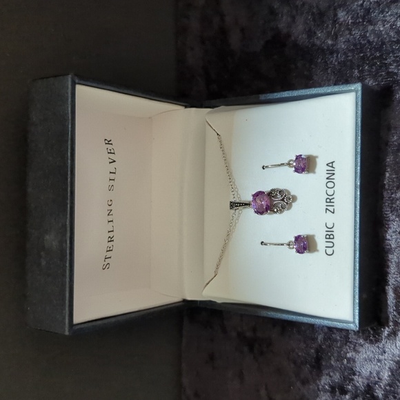 Unbranded Sterling Silver Amethyst Cubic Zirconia Pendant Necklace & Earrings - Picture 2 of 7